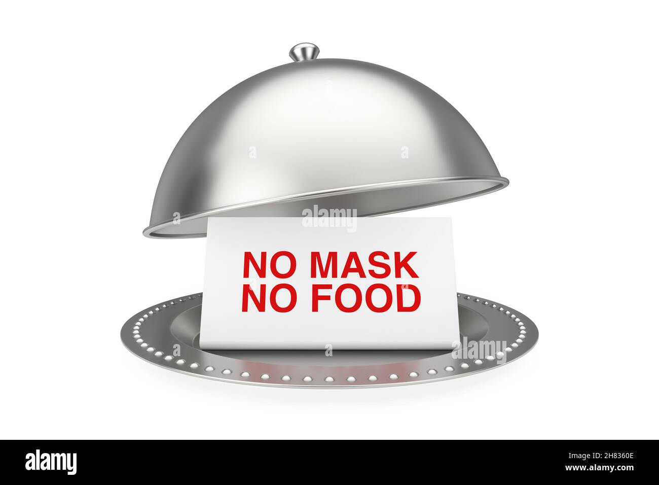 Card with No Mask No Food Sign in Restaurant Cloche on a white background. 3d Rendering Stock Photo