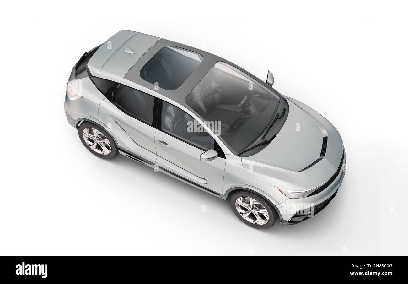 Generic electric or hybrid car. Crossover Suv silver color. Viewed from perspective top. Stock Photo