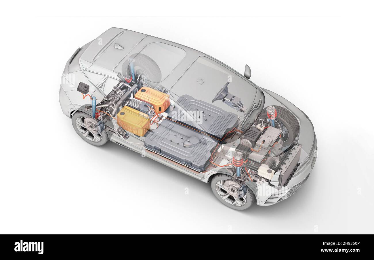 Electric generic car technical cutaway 3d rendering with all main details of EV system in ghost effect with drawing. Perspective top view on white bac Stock Photo