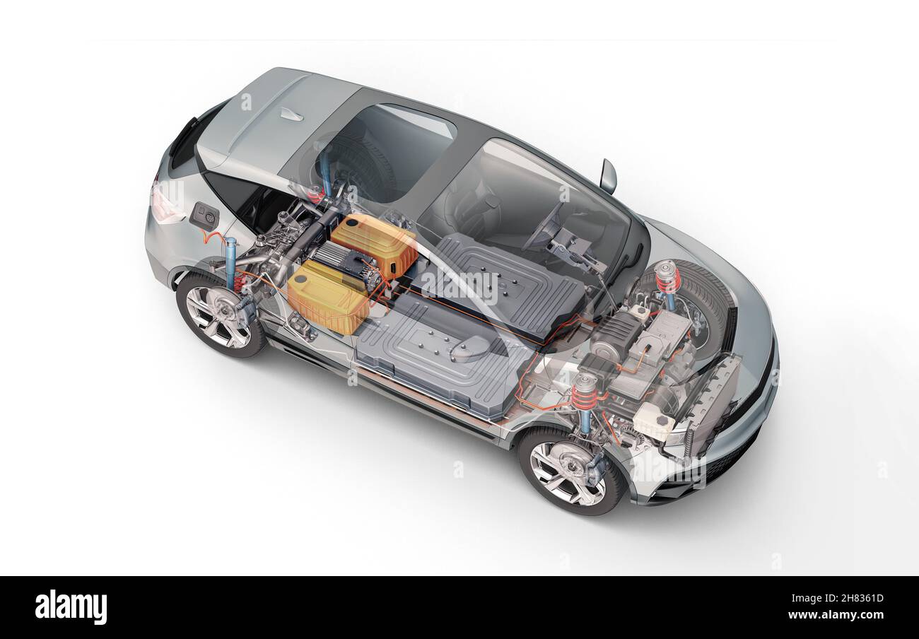 Electric generic car technical cutaway 3d rendering with all main details of EV system in ghost effect. Perspective top view on white background. Stock Photo