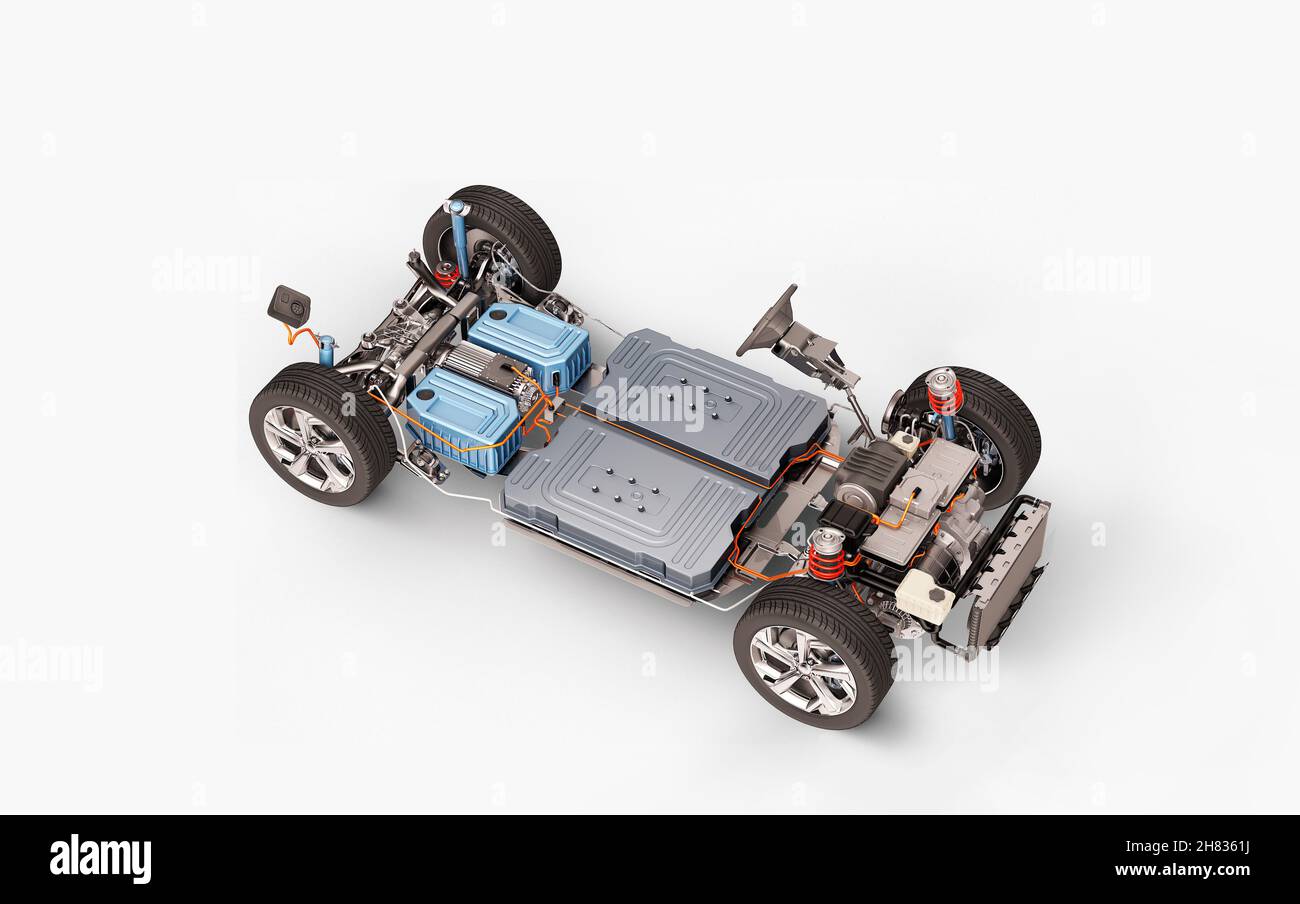 Electric car under carriage chassis. All main details of EV system, on white background. Stock Photo