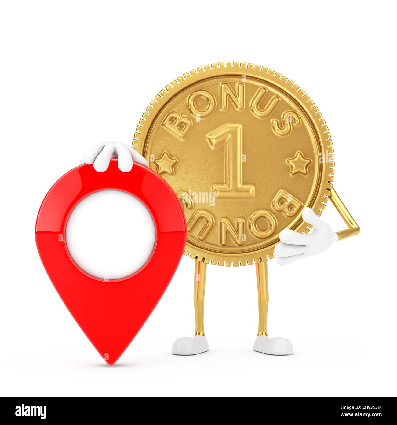 Golden Loyalty Program Bonus Coin Person Character Mascot with Red Map  Pointer Target Pin on a white background. 3d Rendering Stock Photo - Alamy