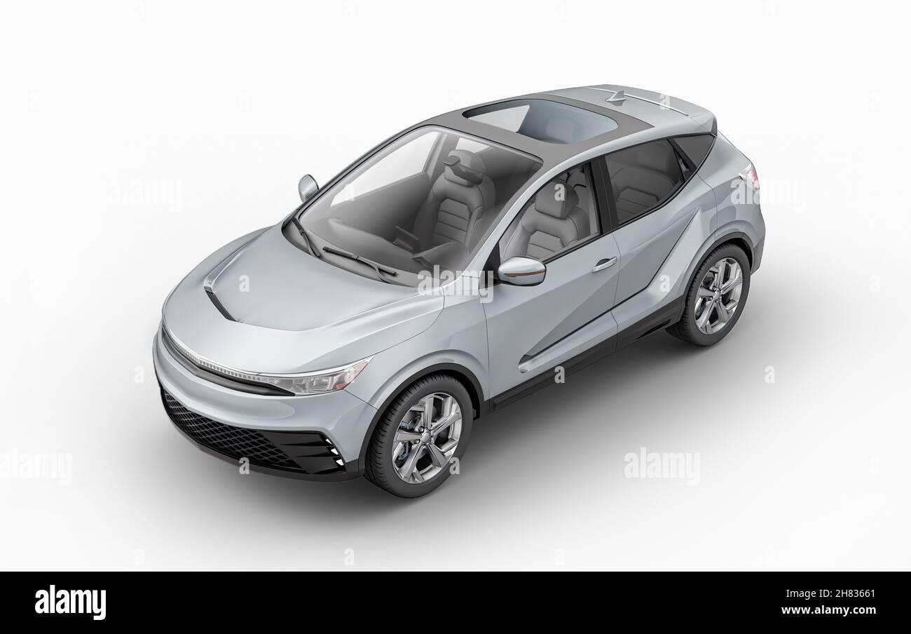 Generic electric or hybrid car. Crossover Suv silver color. Perspective