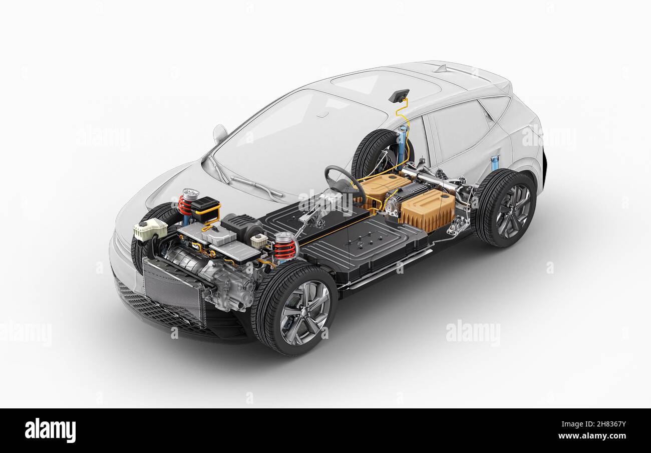 Electric generic car technical cutaway 3d rendering with all main details of EV system in ghost effect with drawing. Perspective bird eye view on whit Stock Photo