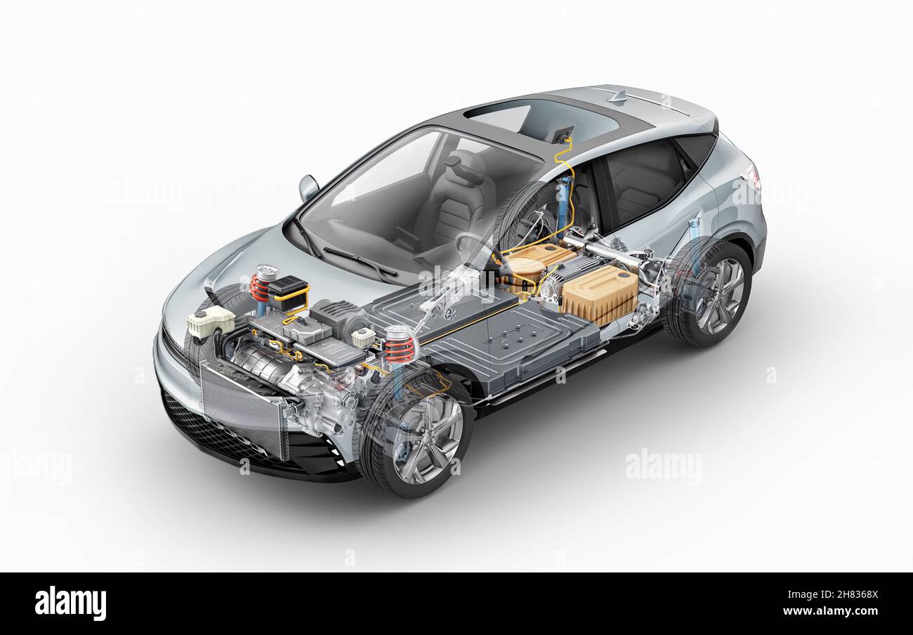 Electric generic car technical cutaway 3d rendering with all main details of EV system in ghost effect. Perspective bird eye view on white background. Stock Photo