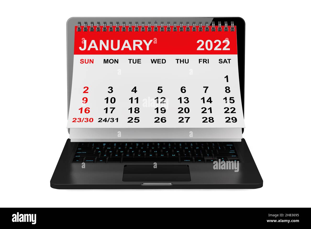 2022 year calendar. January calendar over laptop screen on a white ...