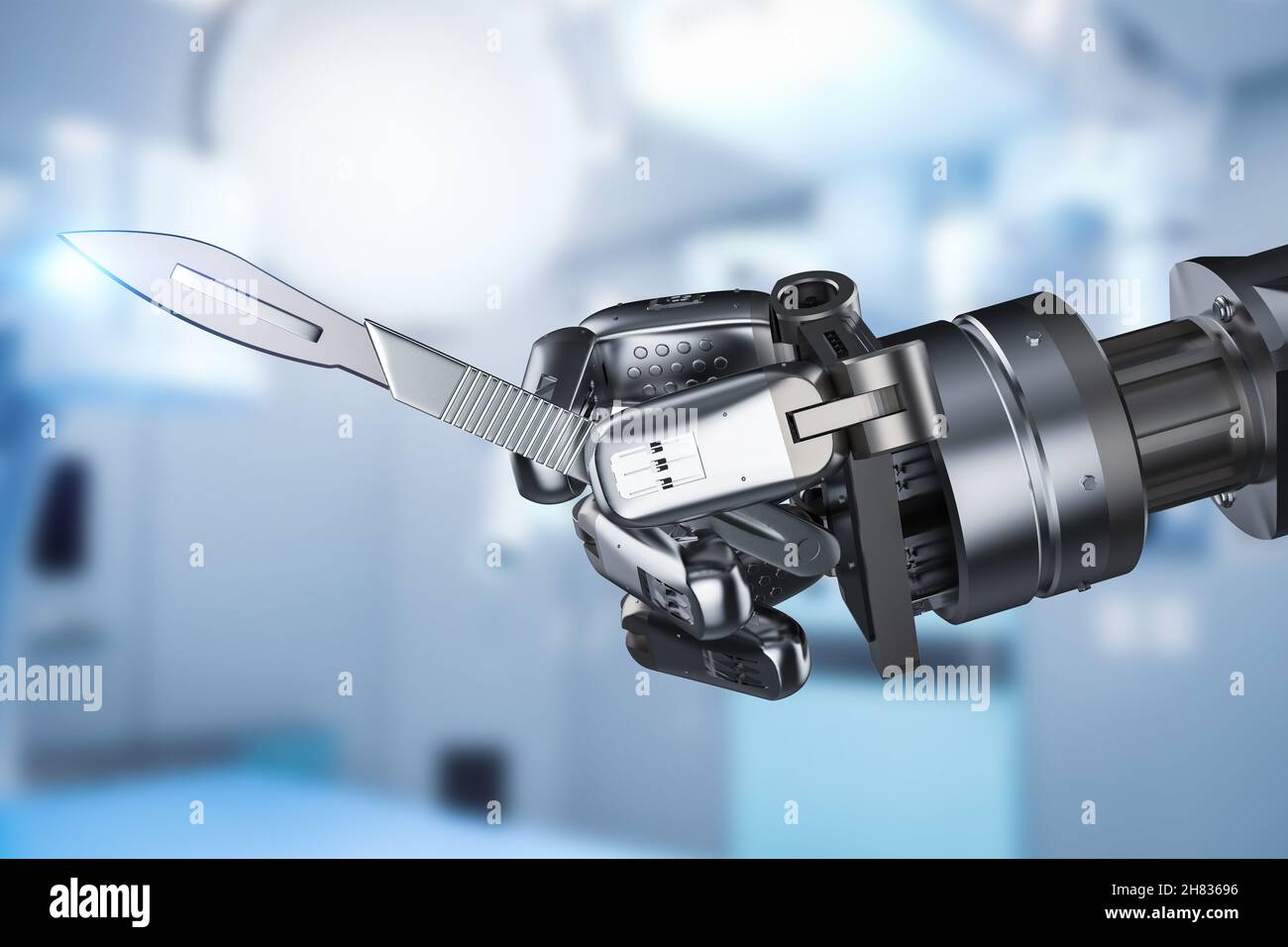 Operating Human Using Razor Knife Medical surgery technology concept with 3d rendering robot hand holding ...