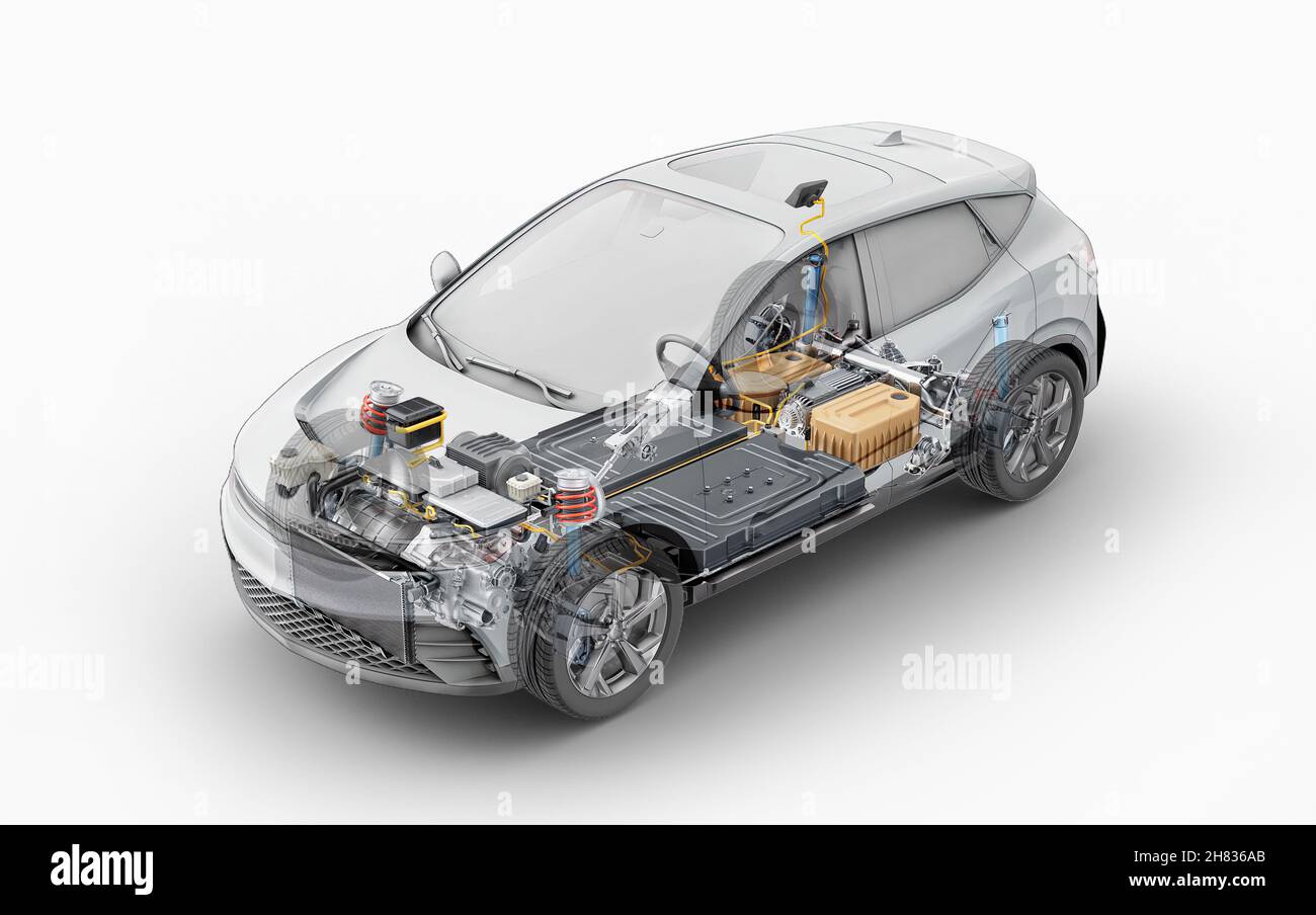 Electric generic car technical cutaway 3d rendering with all main details of EV system in ghost effect with drawing. Perspective bird eye view on whit Stock Photo