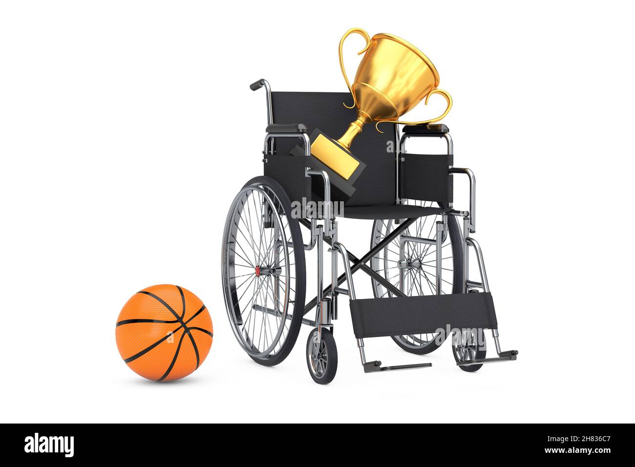 Sport Award Concept. Golden Award Trophy, Wheelchair and Basketball Ball on a white background. 3d Rendering Stock Photo