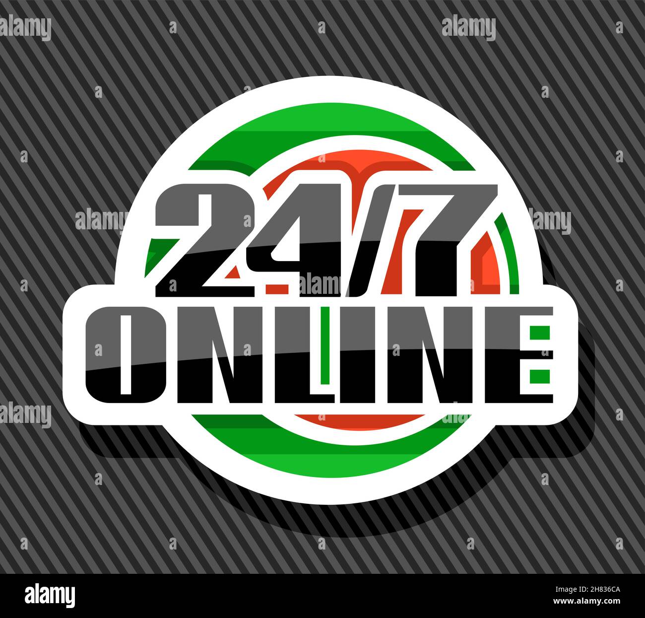 Vector sign 24/7 Online, white isolated stamp with illustration of