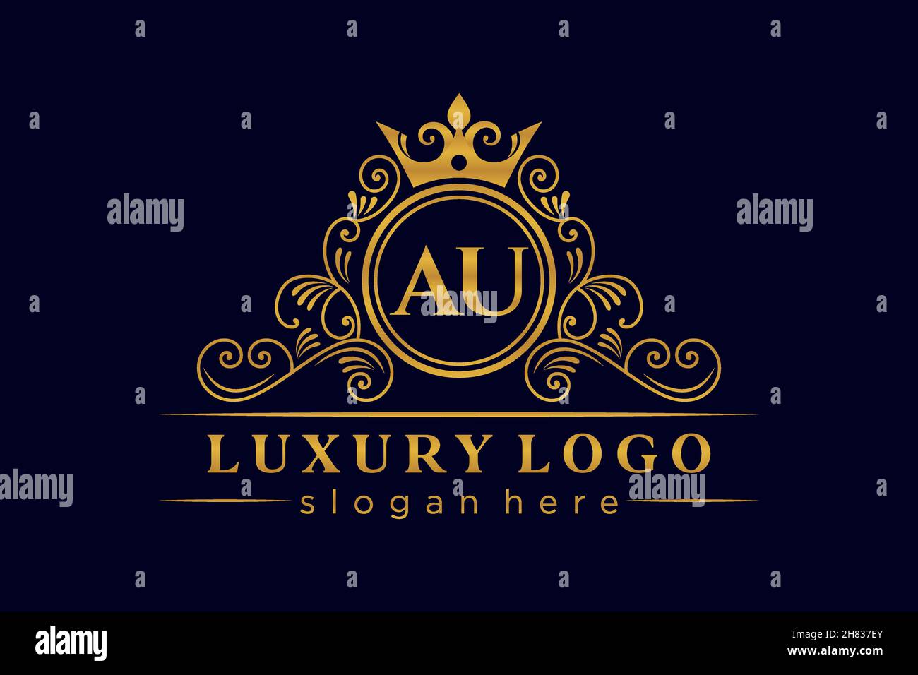AU Initial Letter Gold calligraphic feminine floral hand drawn heraldic monogram antique vintage style luxury logo design Premium Stock Vector