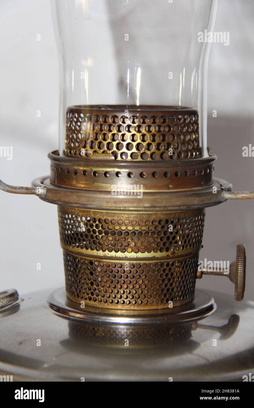Close-up on the burner of a kerosene lamp. Stock Photo