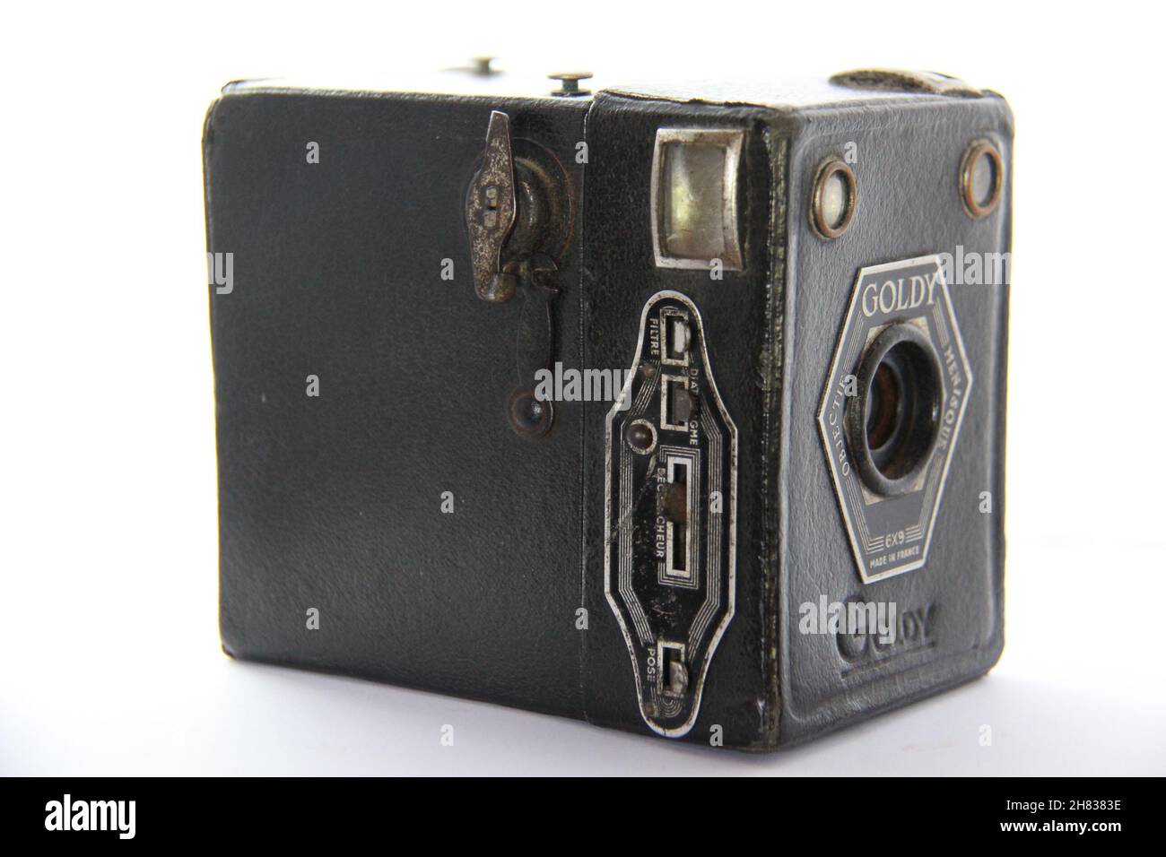 Old photo camera isolated on white background Goldy, French manufacture. Box style. Manufactured in 1947. Isolated white background. Stock Photo