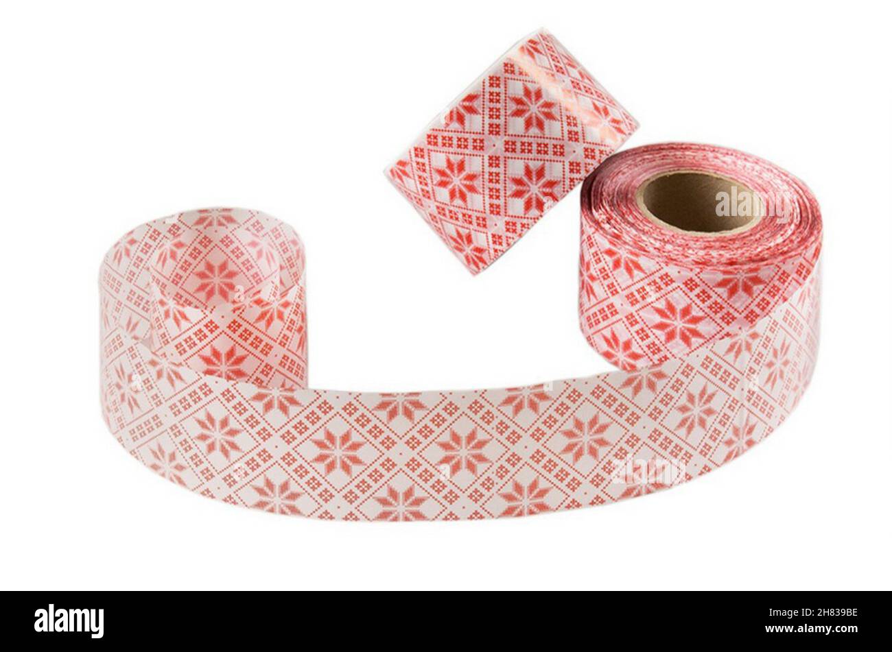 Curb tape decor for cakes with abstract red flowers pattern isolated over white background. Baking clipart, object photography Stock Photo