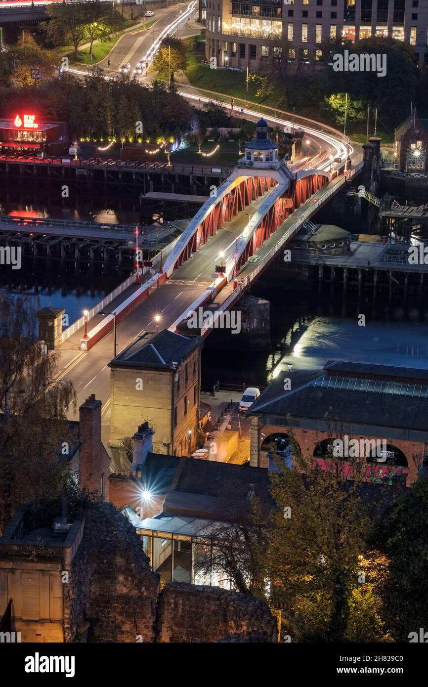 The Swing Bridge at dusk, shot from the roof of the Keep, Newcastle upon Tyne, England Stock Photo