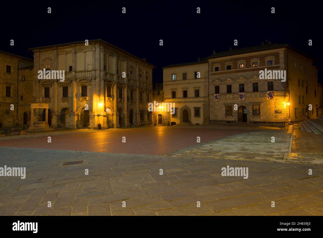 Night landscape of the central square of Montepulciano. Tuscany, Italy Stock Photo