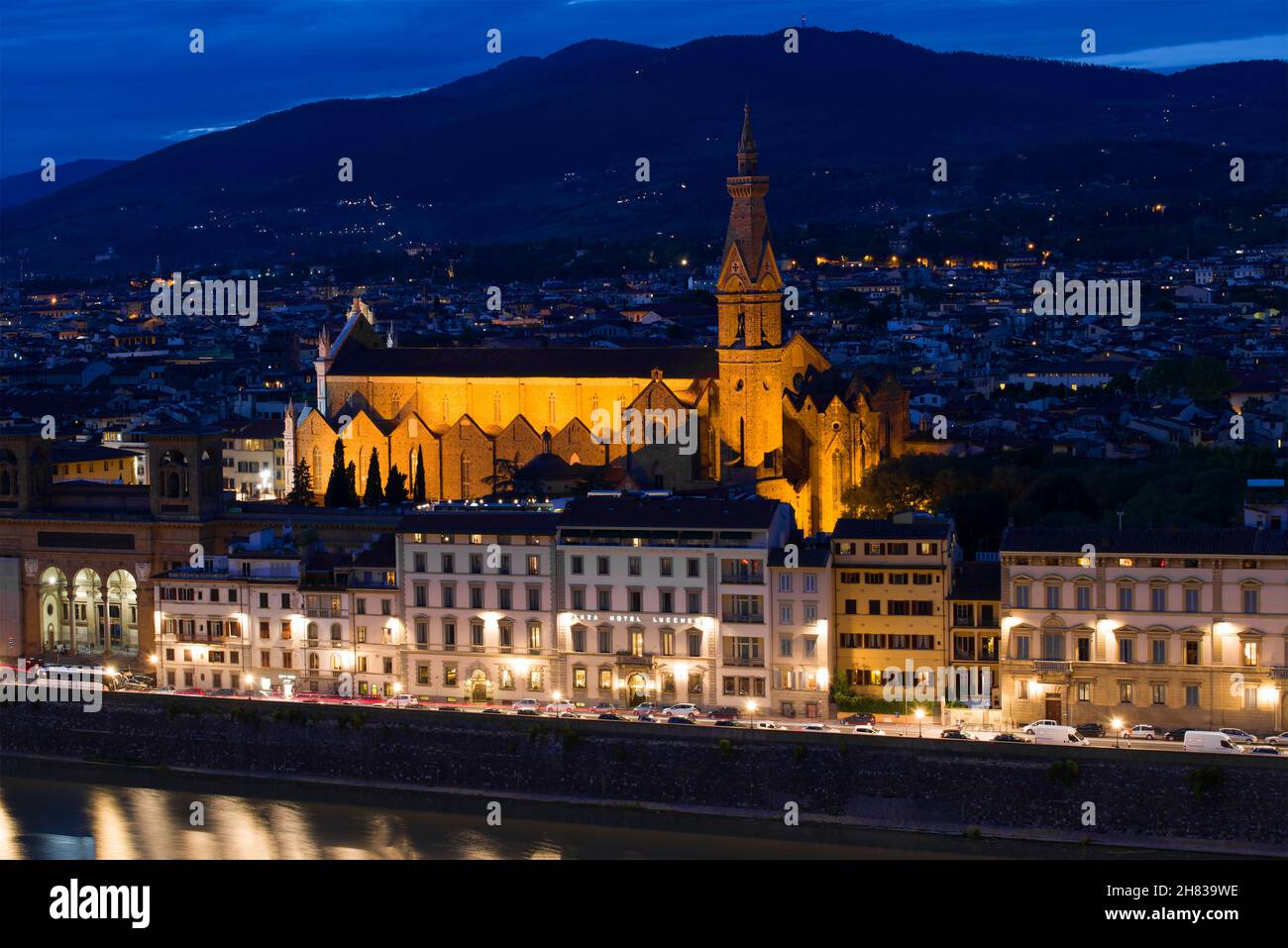 FLORENCE, ITALY - SEPTEMBER 19, 2017: Basilica di Santa Croce (Church of the Holy Cross) in the night scenery Stock Photo