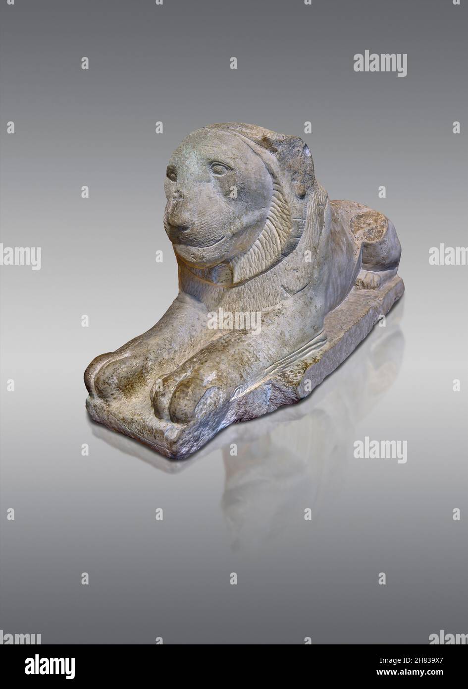 Ancient Egyptian statue of a recumbent lion , 350 BC, 30th Dynasty.  Kunsthistorisches Muesum Vienna inv AS 60. Sandstone, Length 76,2 cm, Height ca. Stock Photo