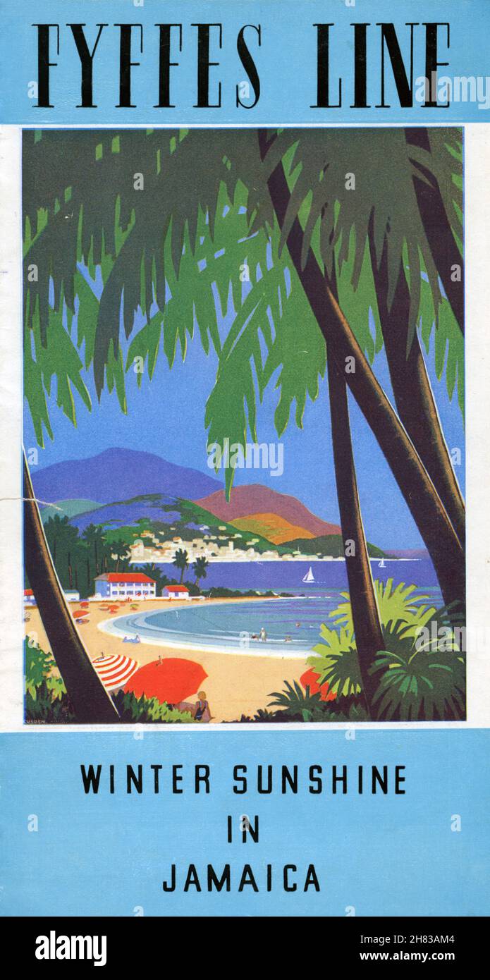 Front cover of  'Winter Sunshine in Jamaica' - a 1939 Fyffes Line holiday booklet, offering five-week winter holidays in Jamaica at the Myrtle Beach Hotel. The sailing times listed are between November 1939 and March 1940, between Avonmouth, England and Kingston, Jamaica. The sailings did not take place due to the outbreak of WW2. Fyffes Line was the name given to the fleet of passenger-carrying banana boats owned and operated by the UK banana importer Elders & Fyffes Limited. Stock Photo