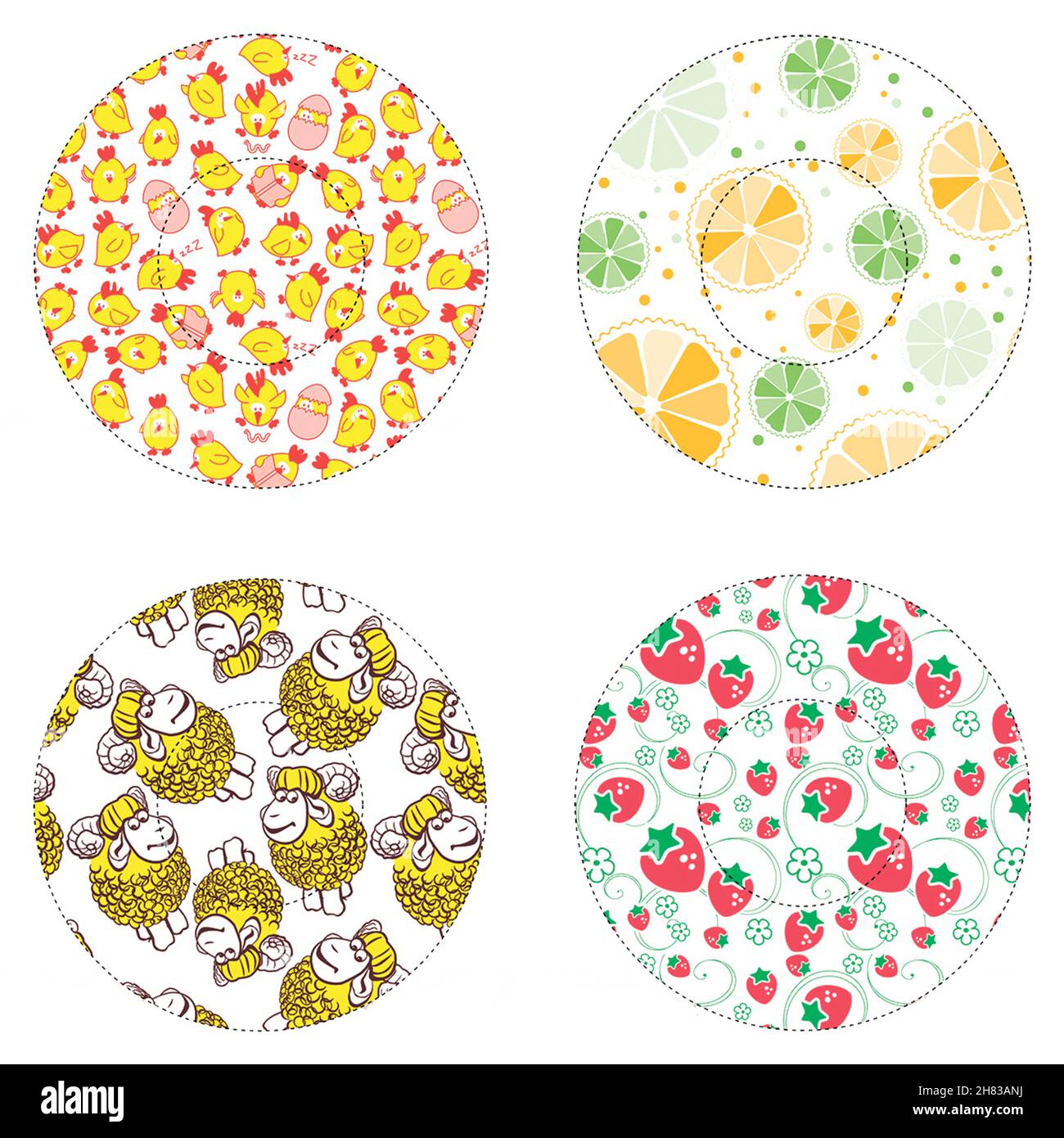 Plate icons set with colored patterns isolated over white background, illustration. Textured round icons collection, circle muffins or cupcakes form t Stock Photo