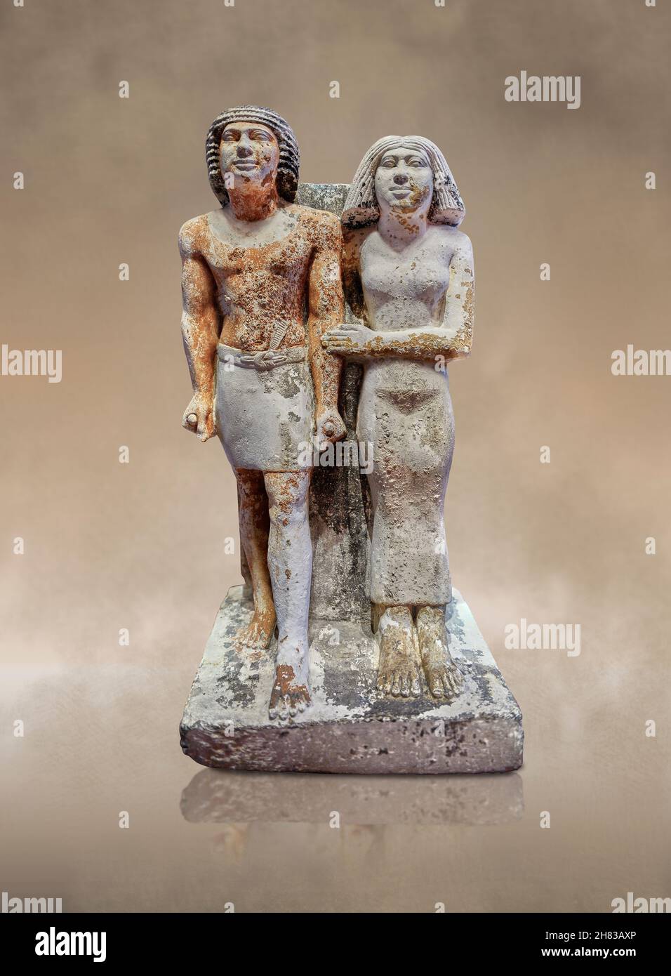 Ancient Ggyptian statue of Kai-pu-ptah and Ipep, 2400 BC, 5th Dynasty, Giza necropolis. Kunsthistorisches Muesum Vienna inv AS 7444. Limestone height Stock Photo