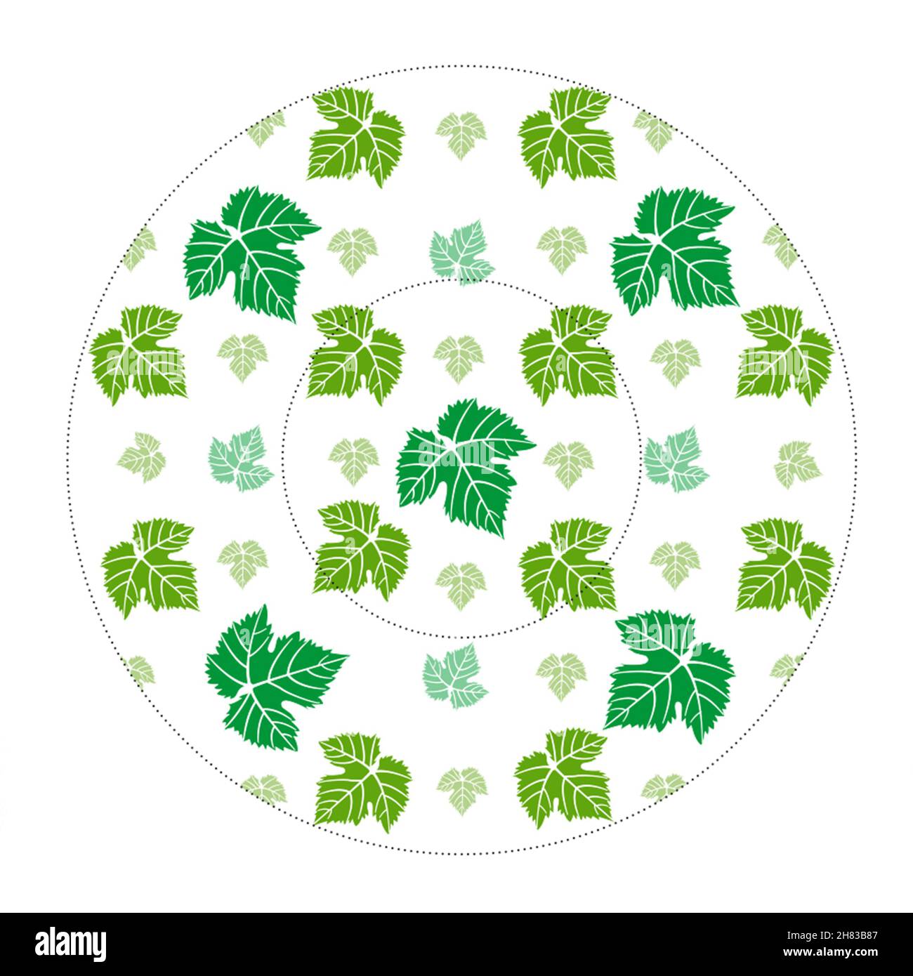 Plate with green leaves pattern for decoration purposes isolated over white background, illustration. Textured round icon, circle muffins or cupcakes Stock Photo