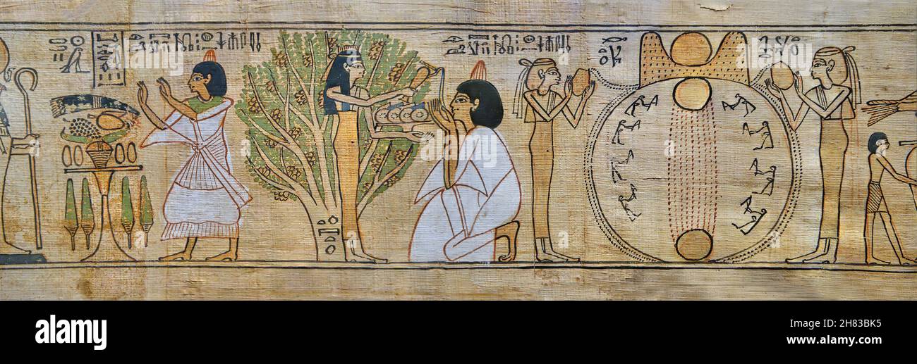 Ancient Egyptian Book of the Dead papyrus scroll for Chonsu-mes, c 100 BC, 21st Dynasty, Thebes.  Kunsthistorisches Muesum Vienna AS 3859. Papyrus, L Stock Photo