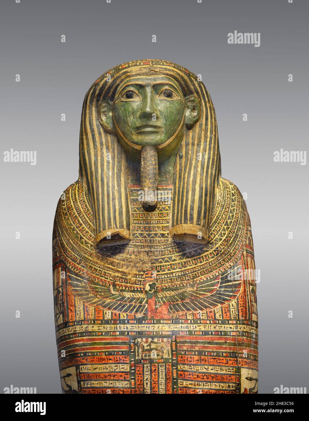 Ancient Egyptian mummy case of Penebes, 7th cent BC, 25th Dynasty.  Kunsthistorisches Muesum Vienna inv AEG10. Cartonnage stucco.   The green face col Stock Photo