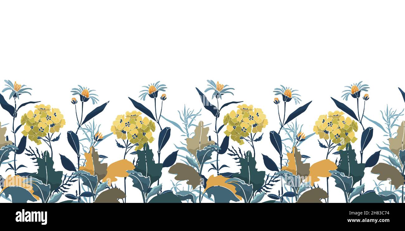 Royal Blue and Olive Botanical Swirls with Winged Petals and Veined Vines on Curved Panel Layout