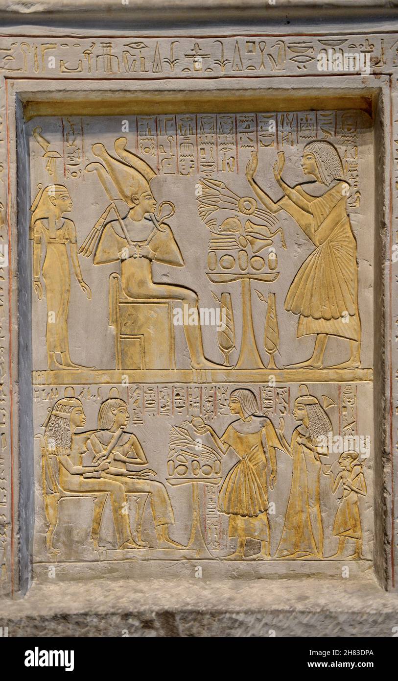 Ancient Egyptian stela of Amenhotep, 1304-190 BC, 19th Dynasty, Saqquara. Kunsthistorisches Muesum Vienna AS 178.  Rectangular stela with a cavetto co Stock Photo
