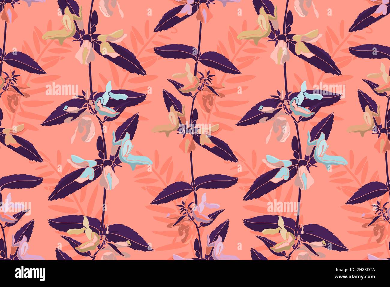 Vector floral seamless pattern. Blue, pink and coral colored flowers with purple stems and leaves isolated on a coral colored background. Stock Vector