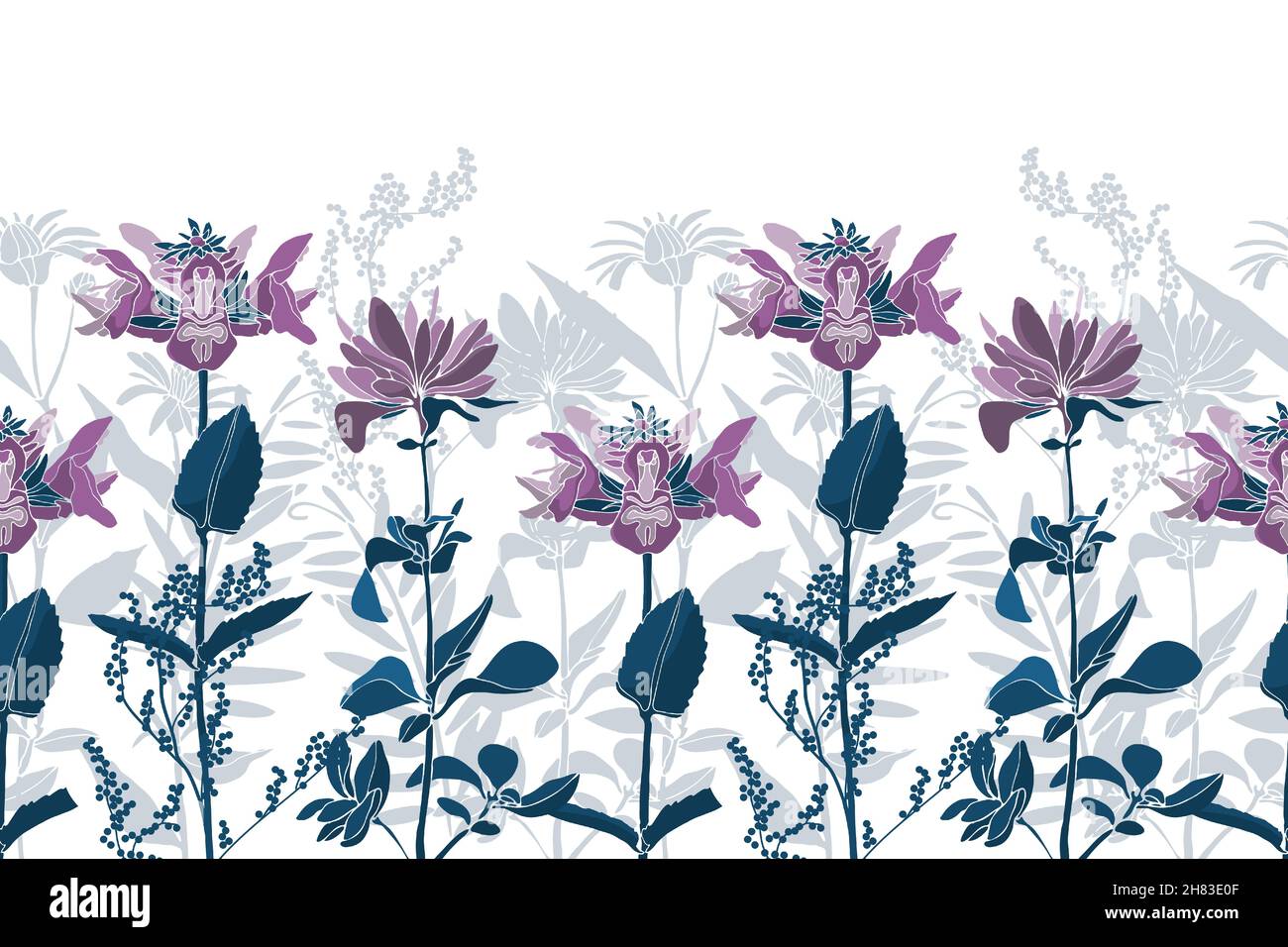 Vector floral seamless pattern, border. Violet flowers, marine colored twigs and leaves, gray shadows.  Stock Vector