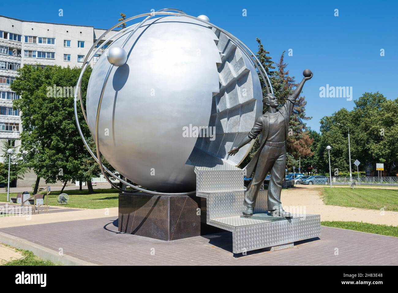 OBNINSK, RUSSIA - JULY 07, 2021: View of the monument to the pioneers of nuclear energy on a sunny July day Stock Photo