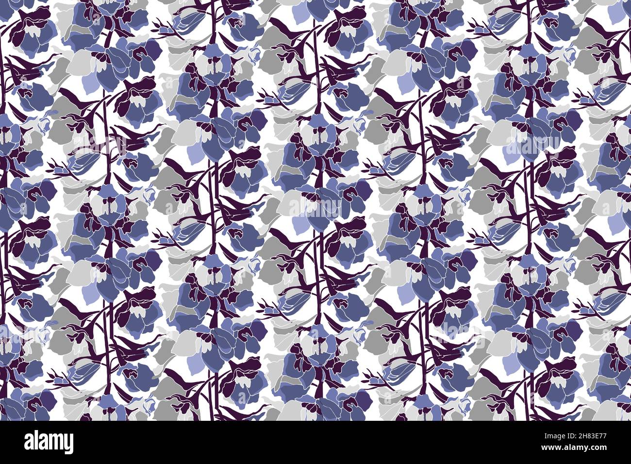 Vector floral seamless pattern. Vertically arranged blue delphinium flowers on а purple twigs. Stock Vector