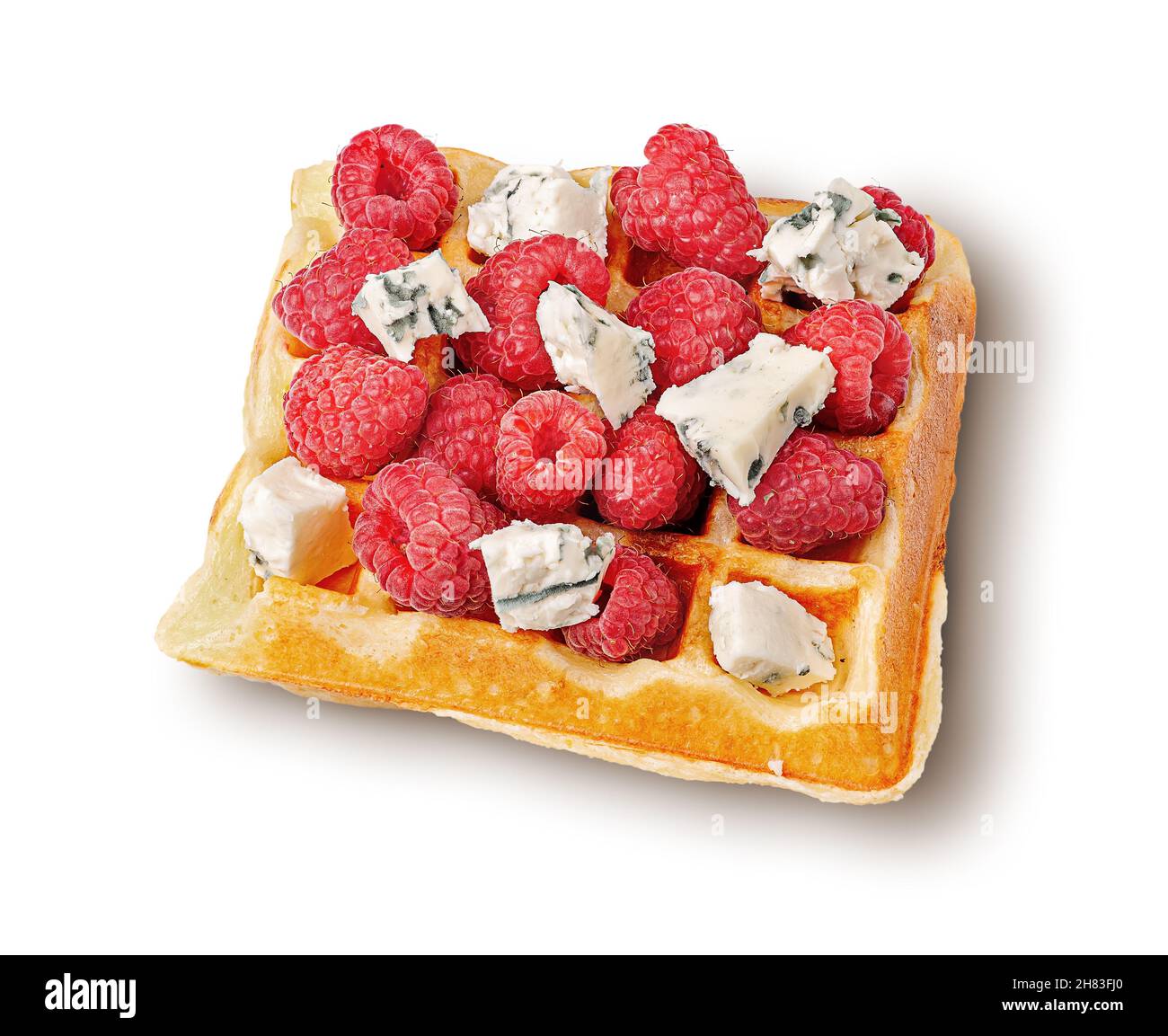 French waffles with raspberries and dorblu cheese top wiev isolated on white background Stock Photo