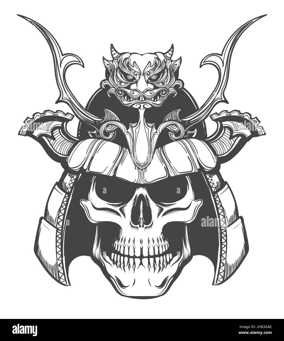 Tattoo of human skull in Japan Samurai Helmet isolated on white. Vector illustration. Stock Vector