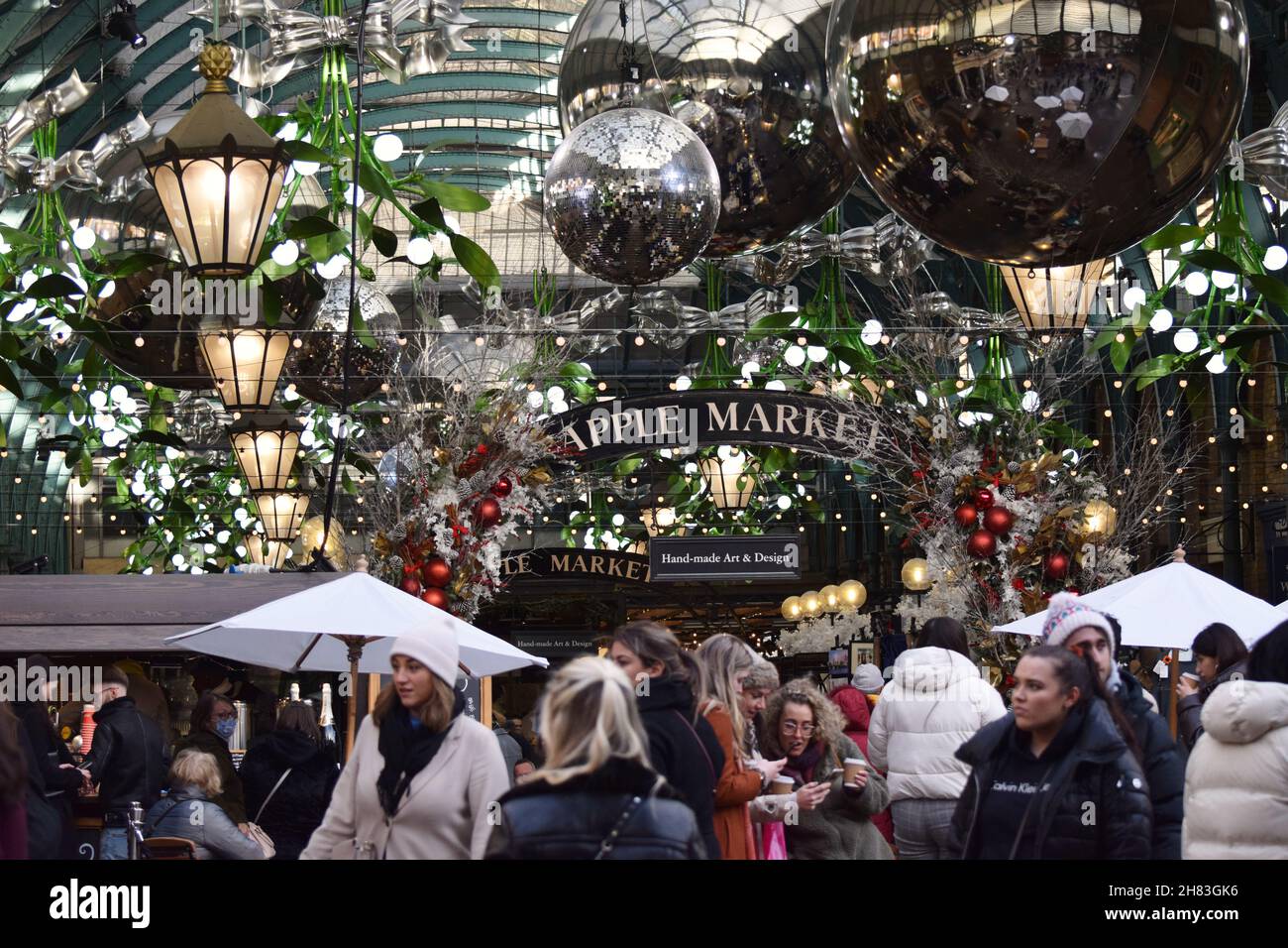 Christmas decorations at London’s Covent Garden Apple Market in 2021