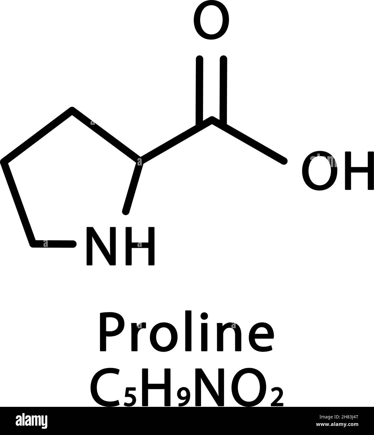 Proline molecular structure. Proline skeletal chemical formula. Chemical molecular formula vector illustration Stock Vector
