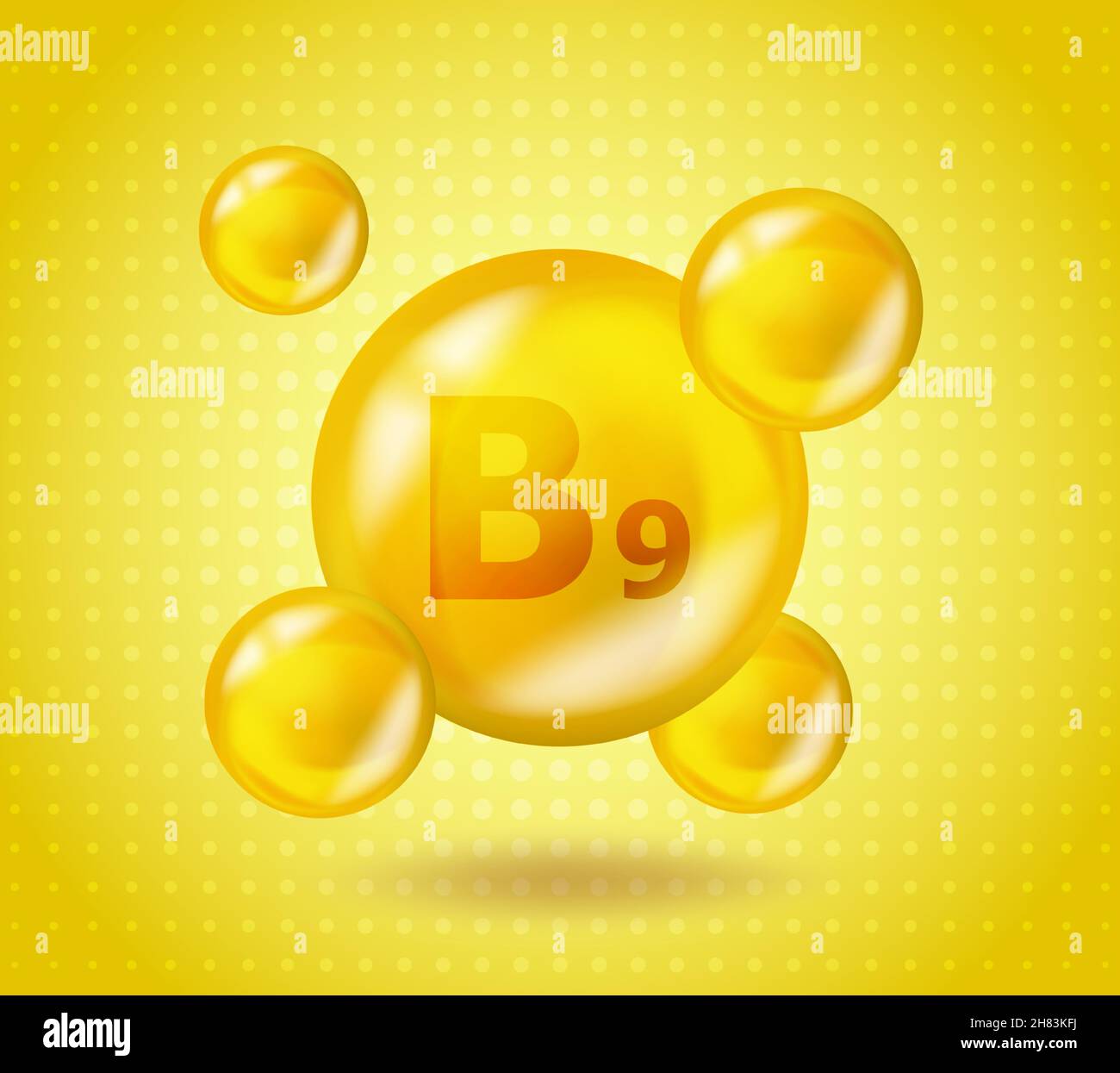 Realistic Vitamin B9 Folic acid design. Yellow nutrition illustration