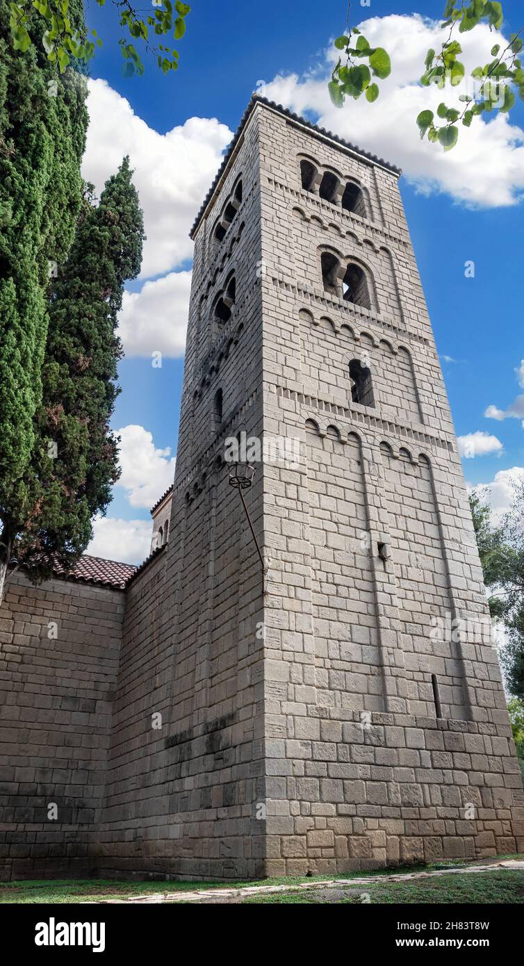 Bell tower of the Monastery of San Miguel, in Poble Espanyol, Spanish Village in Barcelona, Catalonia, Spain. Stock Photo