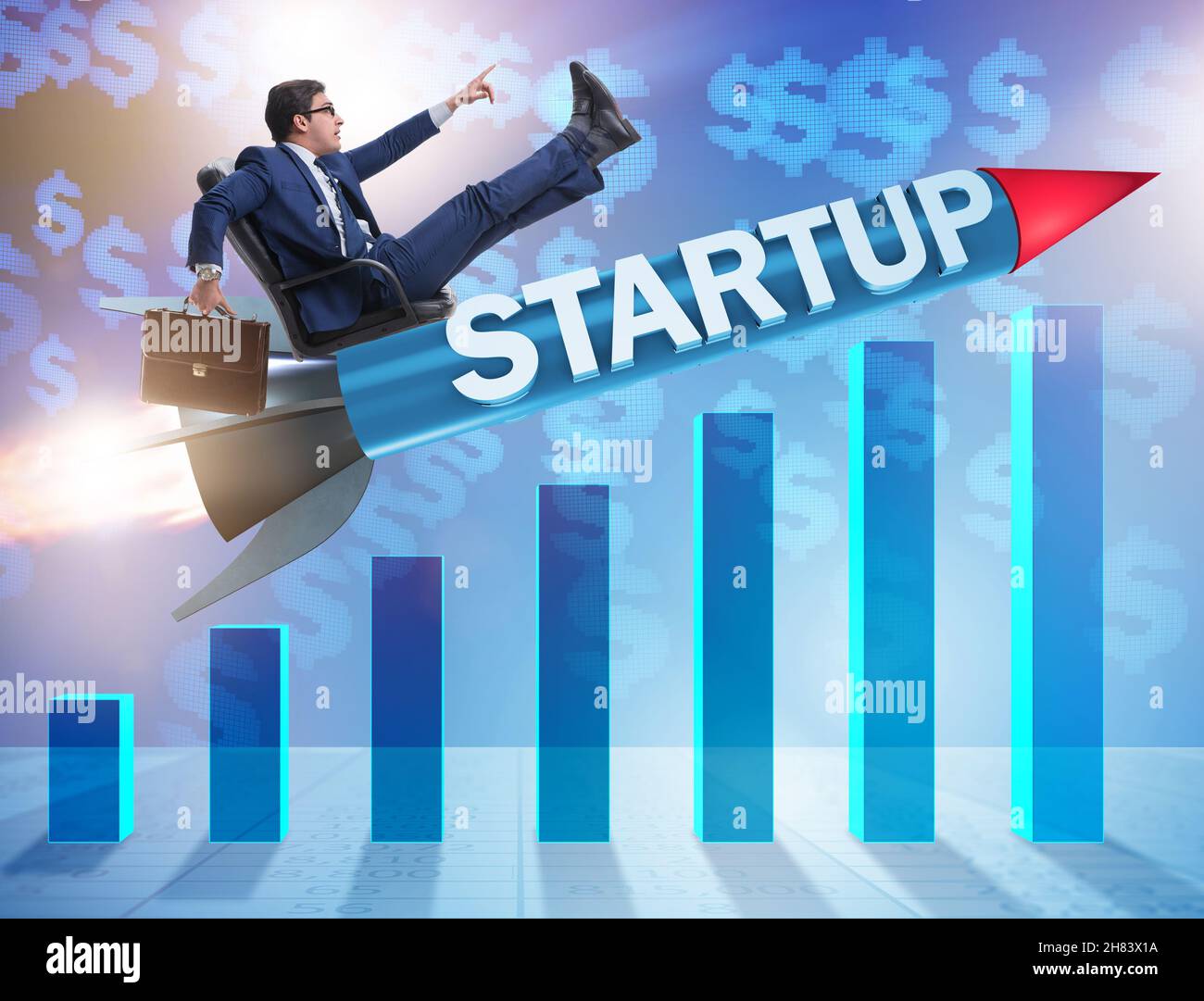 The businessman in start-up concept flying on rocket Stock Photo - Alamy