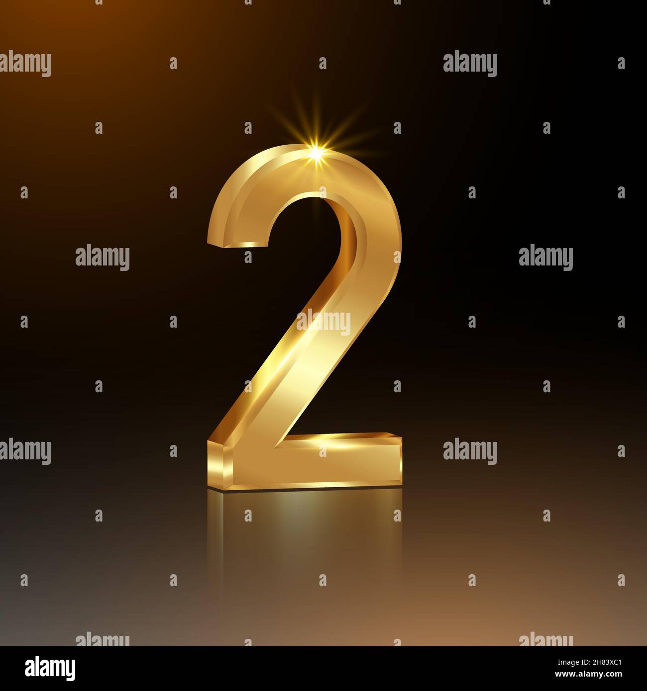 3d golden number two, 2, vector 2nd Year anniversary celebration background, second position concept, gold logo isolated on black square template Stock Vector