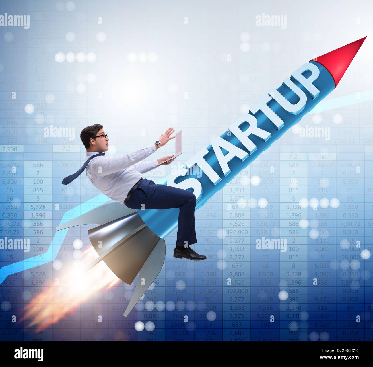 The businessman in start-up concept flying on rocket Stock Photo - Alamy