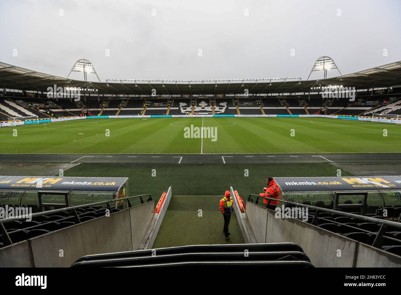 General view inside The MKM Stadium from above the managers dug outs ...