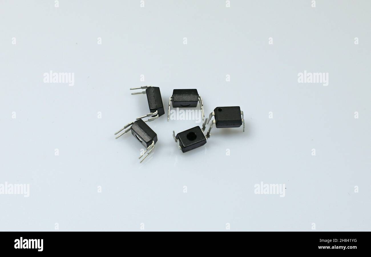 Electronic components. Optocouplers on white background. Stock Photo