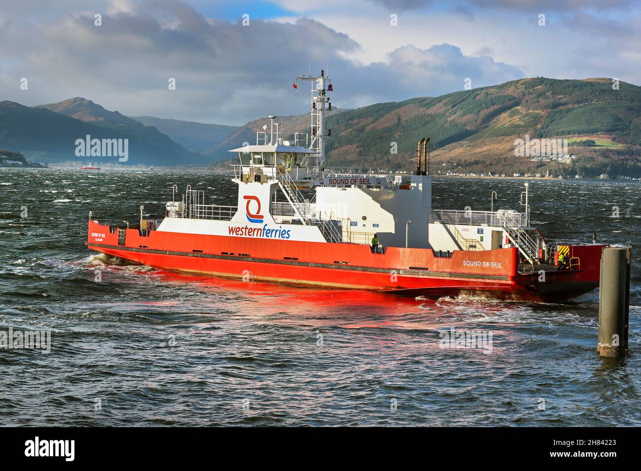 Western Ferries car ferry "Sound of Seil" travelling from Gourock to Dunoon on the Cowal peninsula across the Firth of Clyde, Scotland, UK Stock Photo
