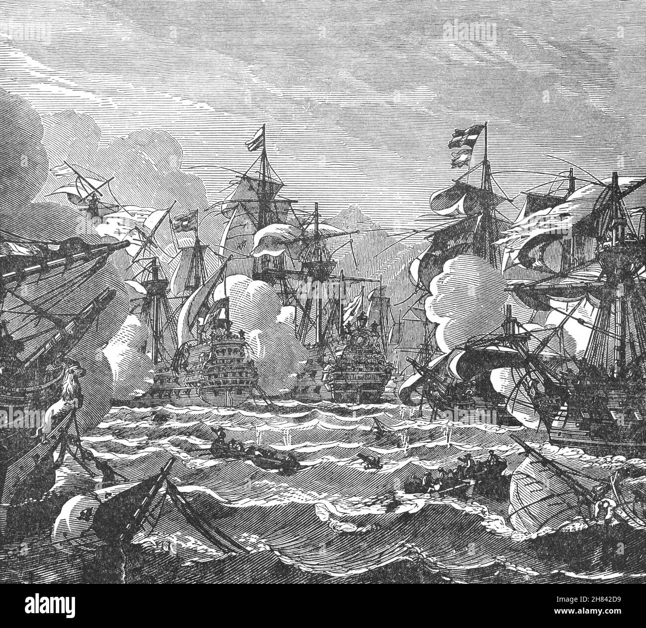 A late 19th Century illustration of the Battle of Augusta, aka Battle of Agosta or Battle of Etna, that took place on 22 April 1676 during the Franco-Dutch War and was fought between a French fleet of 29 men-of-war, five frigates and eight fireships under Abraham Duquesne, and a Dutch-Spanish fleet of at least 28 warships, several frigates and five fireships with Dutch Lieutenant-Admiral-General Michiel de Ruyter commanding the squadron involved in the fighting. The battle ended when de Ruyter skillfully extracted his outnumbered squadron from being attacked on both sides by the French Fleet. Stock Photo