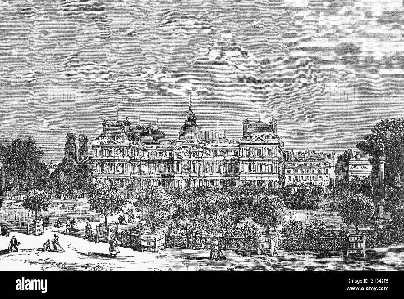 A late 19th Century illustration of the Luxembourg Palace in the 6th arrondissement of Paris, France. It was originally built (1615–1645) to the designs of the French architect Salomon de Brosse to be the royal residence of the regent Marie de' Medici, mother of King Louis XIII. After the Revolution it was refashioned into a legislative building, enlarged and remodeled. It is now home to the Senate of the Fifth Republic since its establishment in 1958. Stock Photo