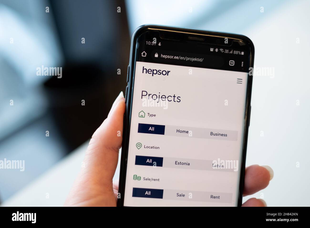 Estonia - 11-23-2021: Hepsor company webpage on phone. Hepsor is real estate developer in Estonia and Latvia. Trading in Nasdaq Baltic Stock Exchange. Stock Photo