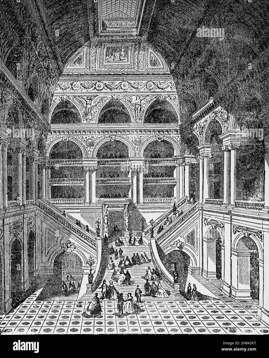 A late 19th Century illustration of the interior of the Palais Garnier aka Opéra Garnier, the opera house at the Place de l'Opéra in the 9th arrondissement of Paris, France. It was built for the Paris Opera from 1861 to 1875 at the behest of Emperor Napoleon III by the the architect Charles Garnier. Stock Photo